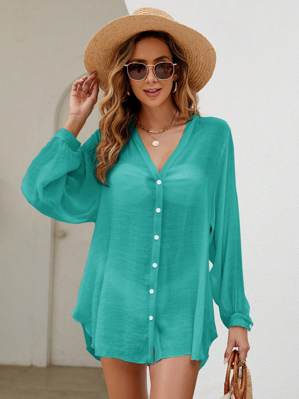 SHEIN Swim Basics Blusa Quimono Feminina Com Peito Único