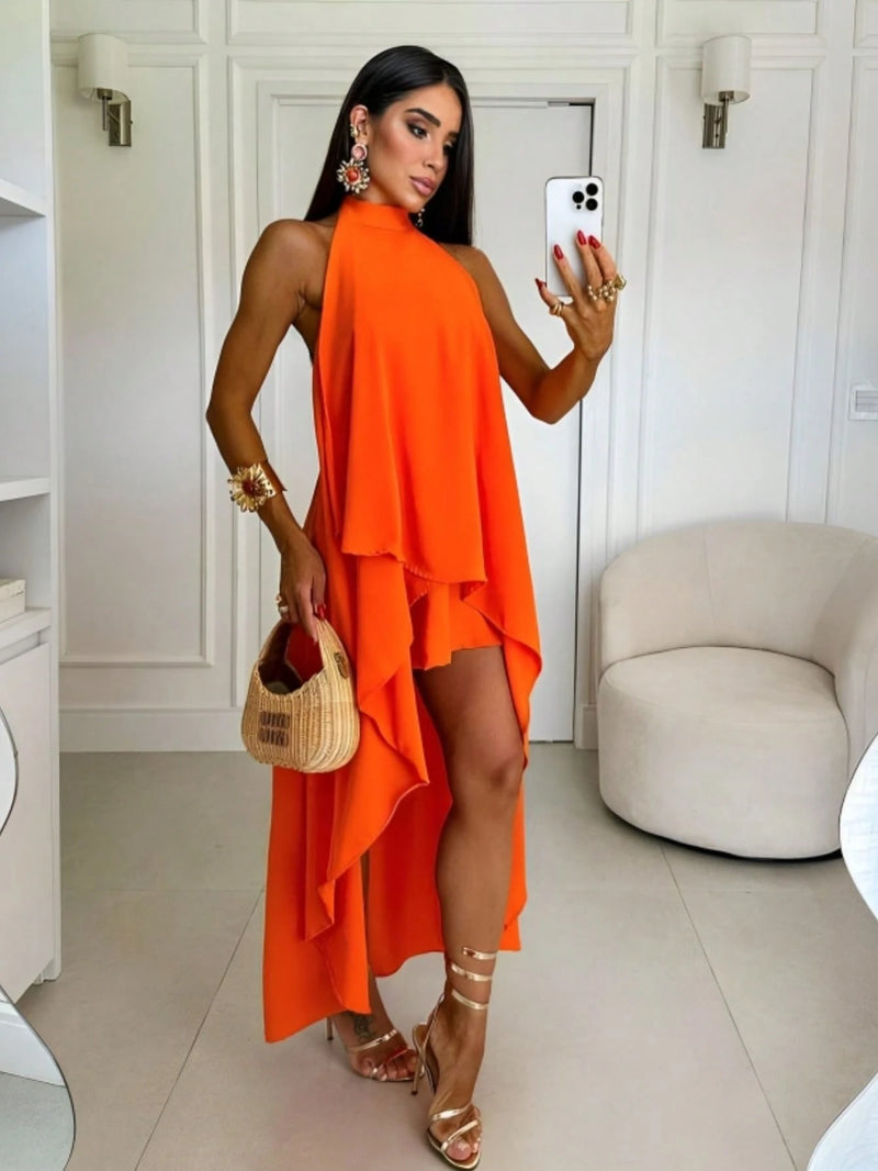 Vendedor Indicado
Vestido Laranja Verão Soltinho Curto Na Frente Longo Atras Gola Colarinho Elegante Moda Feminina