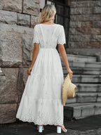 Vestido longo lese importado forrado manga curta princesa com elástico na cintura