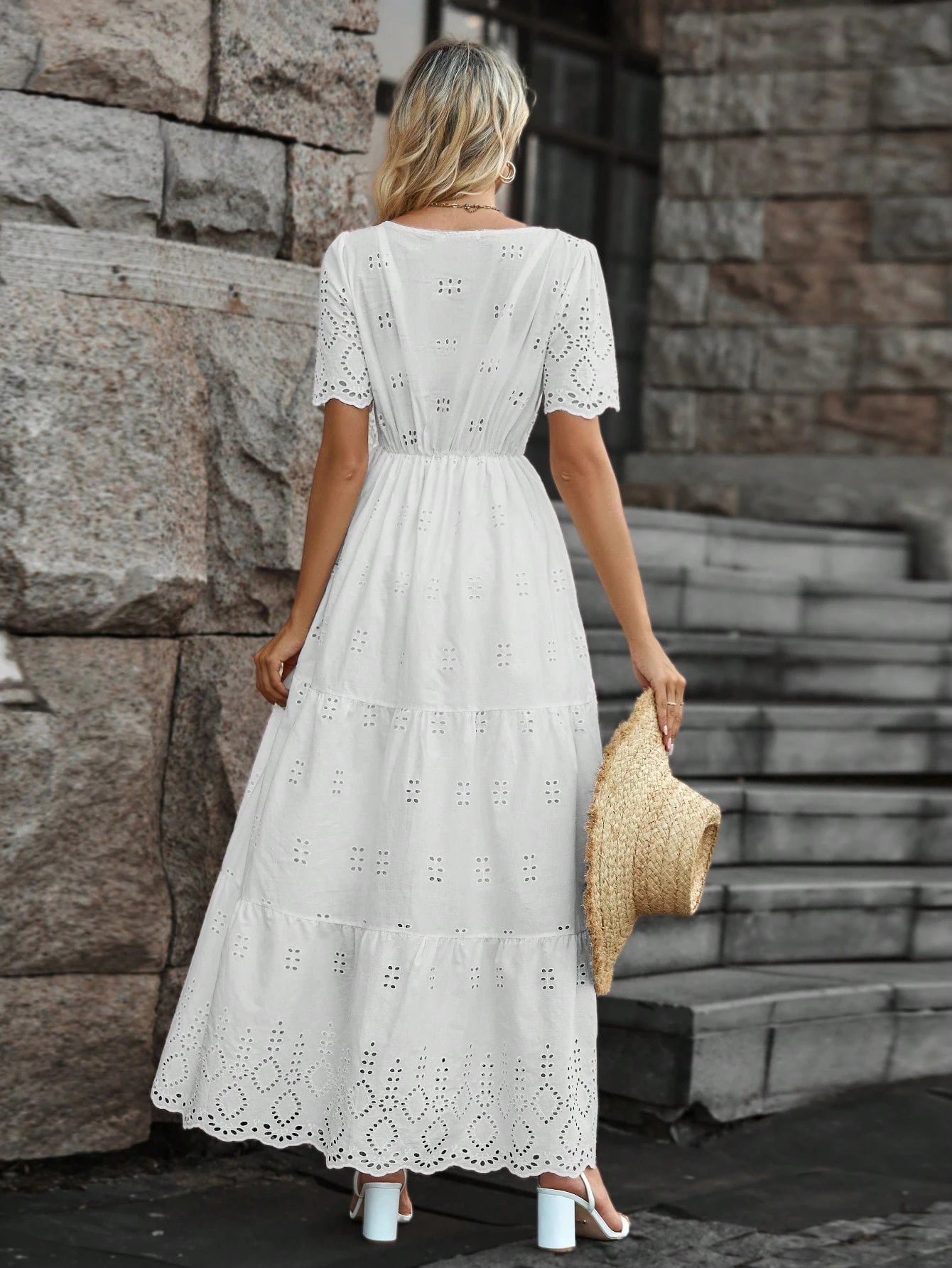 Vestido longo lese importado forrado manga curta princesa com elástico na cintura