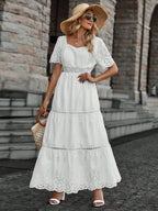 Vestido longo lese importado forrado manga curta princesa com elástico na cintura