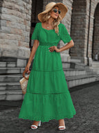 Vestido longo lese importado forrado manga curta princesa com elástico na cintura