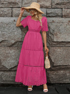 Vestido longo lese importado forrado manga curta princesa com elástico na cintura