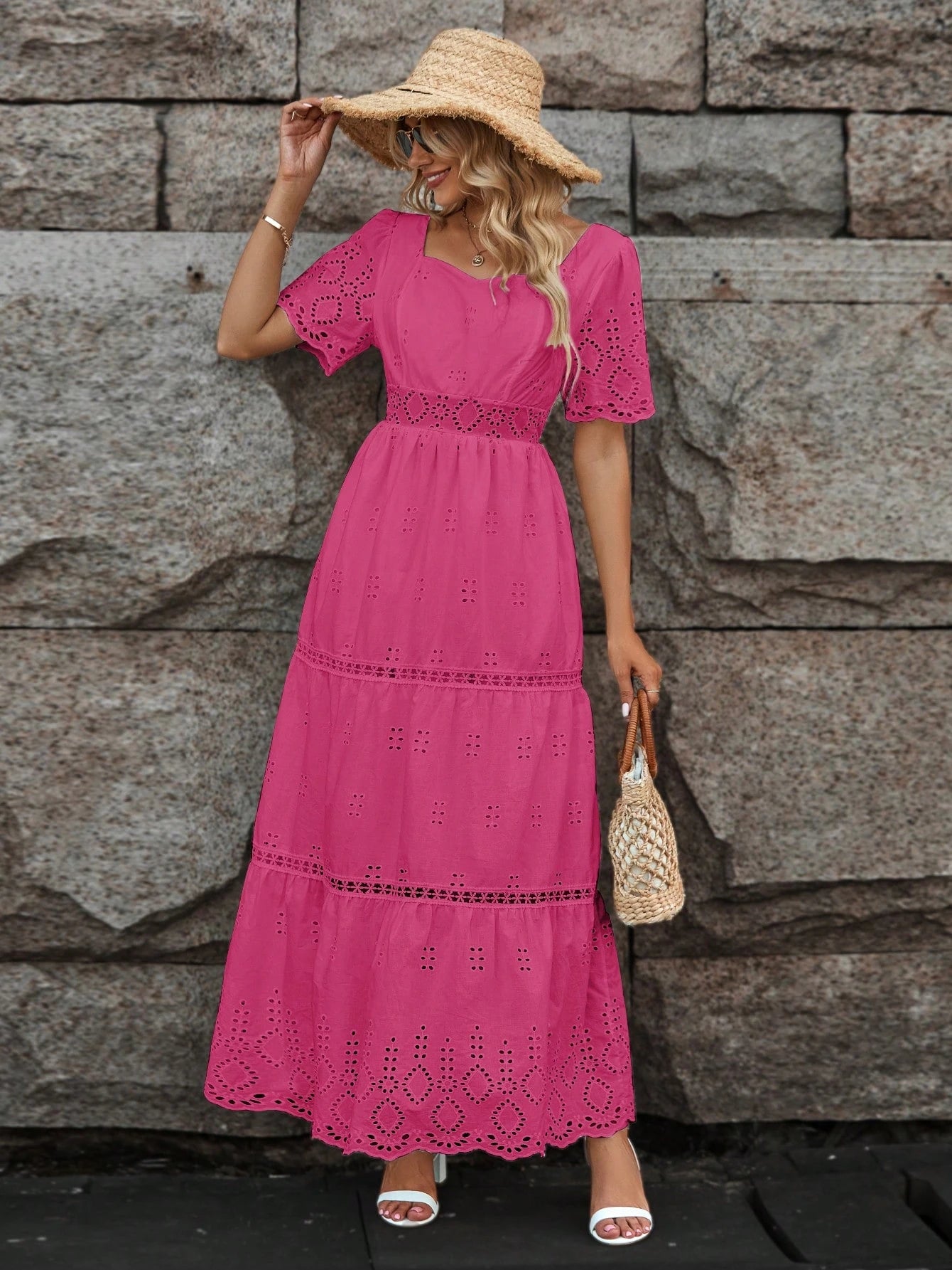 Vestido longo lese importado forrado manga curta princesa com elástico na cintura