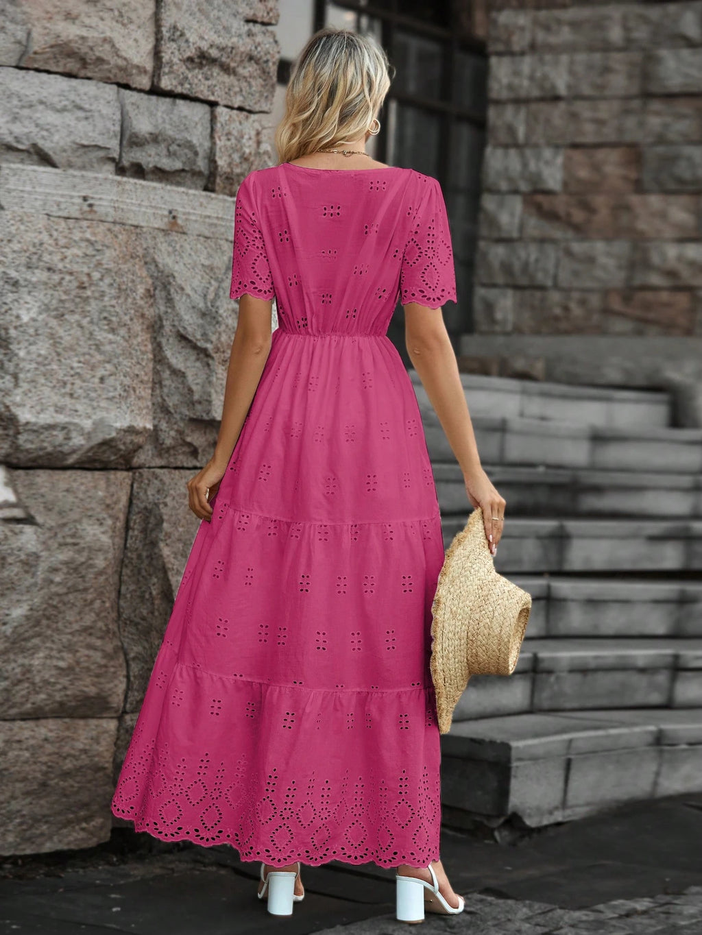 Vestido longo lese importado forrado manga curta princesa com elástico na cintura