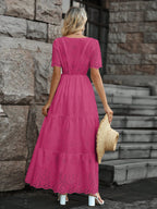 Vestido longo lese importado forrado manga curta princesa com elástico na cintura