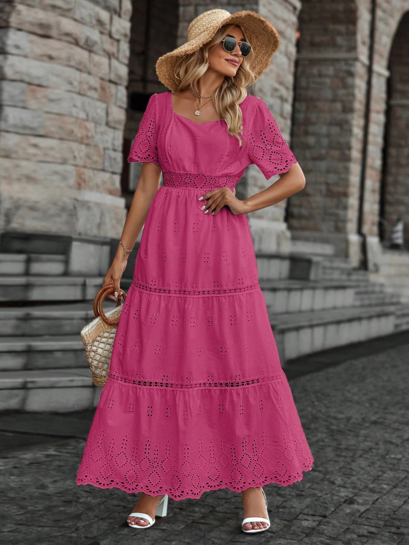 Vestido longo lese importado forrado manga curta princesa com elástico na cintura