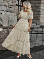 Vestido longo lese importado forrado manga curta princesa com elástico na cintura