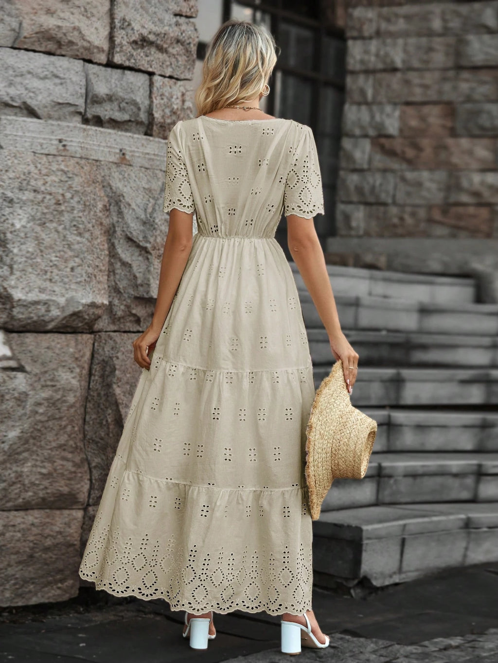 Vestido longo lese importado forrado manga curta princesa com elástico na cintura