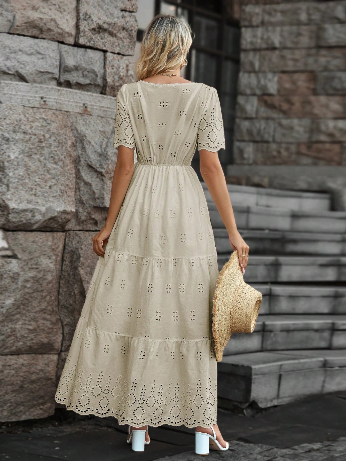 Vestido longo lese importado forrado manga curta princesa com elástico na cintura