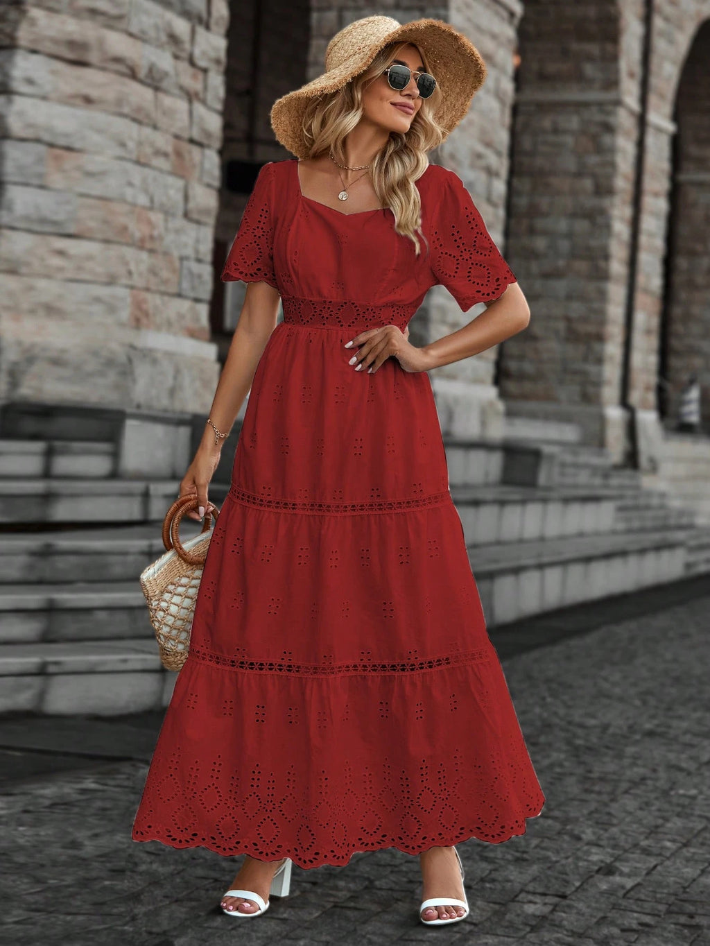 Vestido longo lese importado forrado manga curta princesa com elástico na cintura