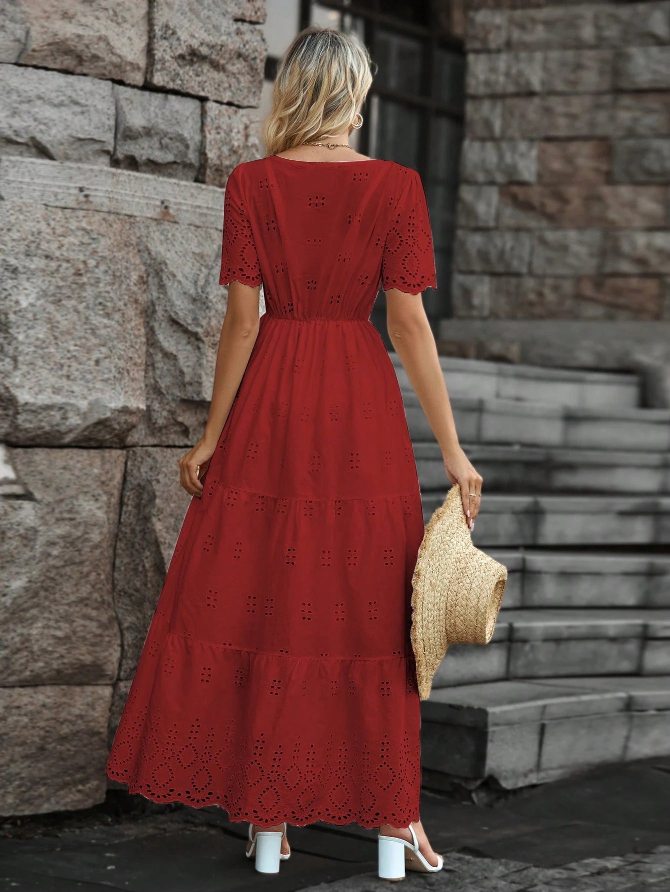 Vestido longo lese importado forrado manga curta princesa com elástico na cintura