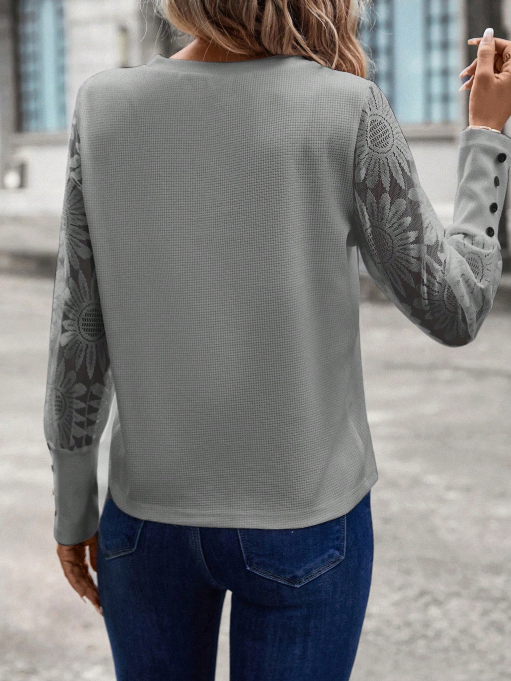 SHEIN LUNE Top Feminino Waffle Branco Com Mangas De Renda