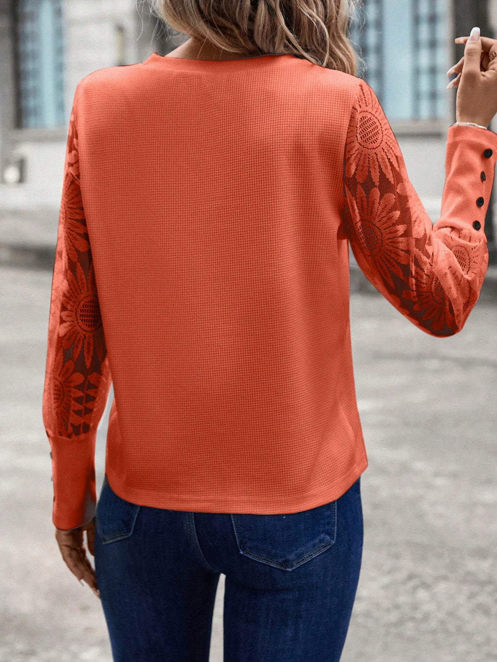 SHEIN LUNE Top Feminino Waffle Branco Com Mangas De Renda