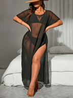 SHEIN Swim Basics Cobertura Para Festival De Música, Plus Size Para Mulheres, Malha Transparente Com Gola Redonda E Fenda