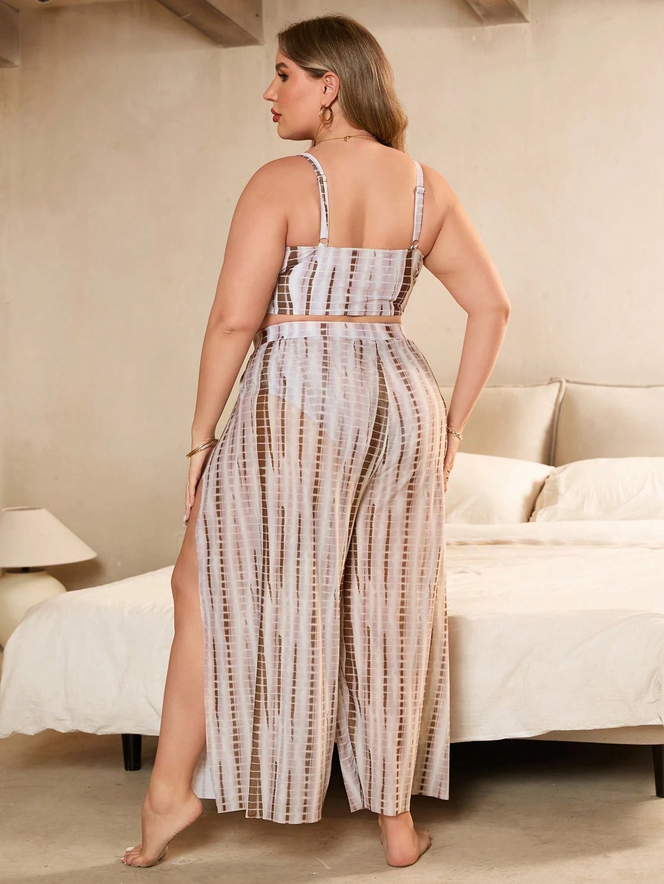 Swim Vcay Conjunto de Maiô Bikini com Três Peças Tie Dye Aleatório Tamanho Plus Size para Praia de Verão