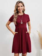 EMERY ROSE Vestido De Linha A Feminino Com Mangas Curtas, Decote Arredondado E Cor Sólida De Verão Fashion