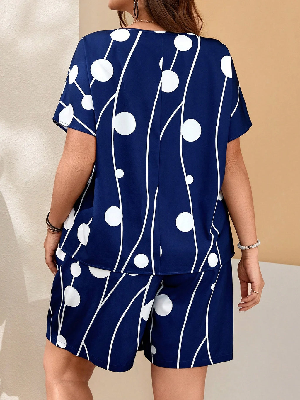 EMERY ROSE Conjunto de duas peças Casual Para Mulheres Plus Size com Manga Curta e Estampa Solta com Bolso para Primavera