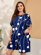 EMERY ROSE Conjunto de duas peças Casual Para Mulheres Plus Size com Manga Curta e Estampa Solta com Bolso para Primavera