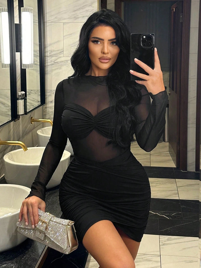 SHEIN SXY Vestido justo feminino de malha transparente e sexy em cor sólida