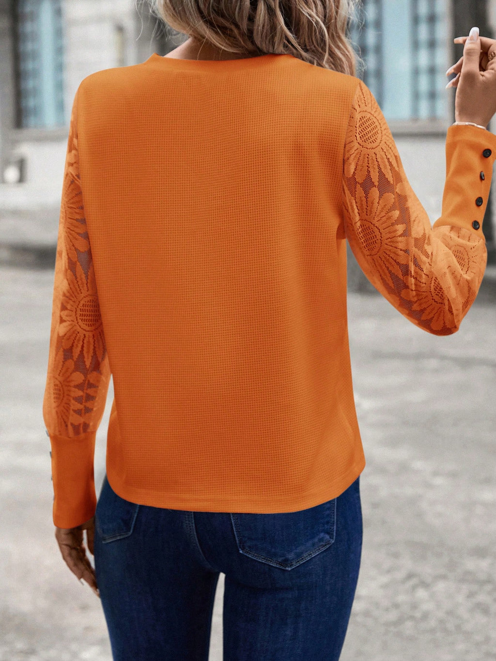 SHEIN LUNE Top Feminino Waffle Branco Com Mangas De Renda