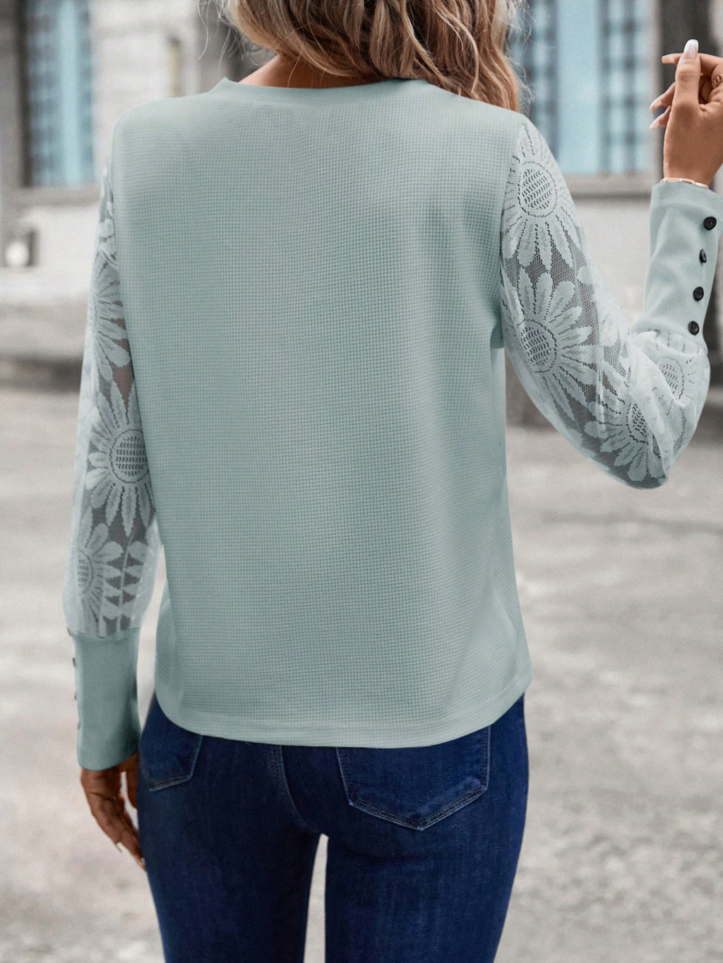 SHEIN LUNE Top Feminino Waffle Branco Com Mangas De Renda