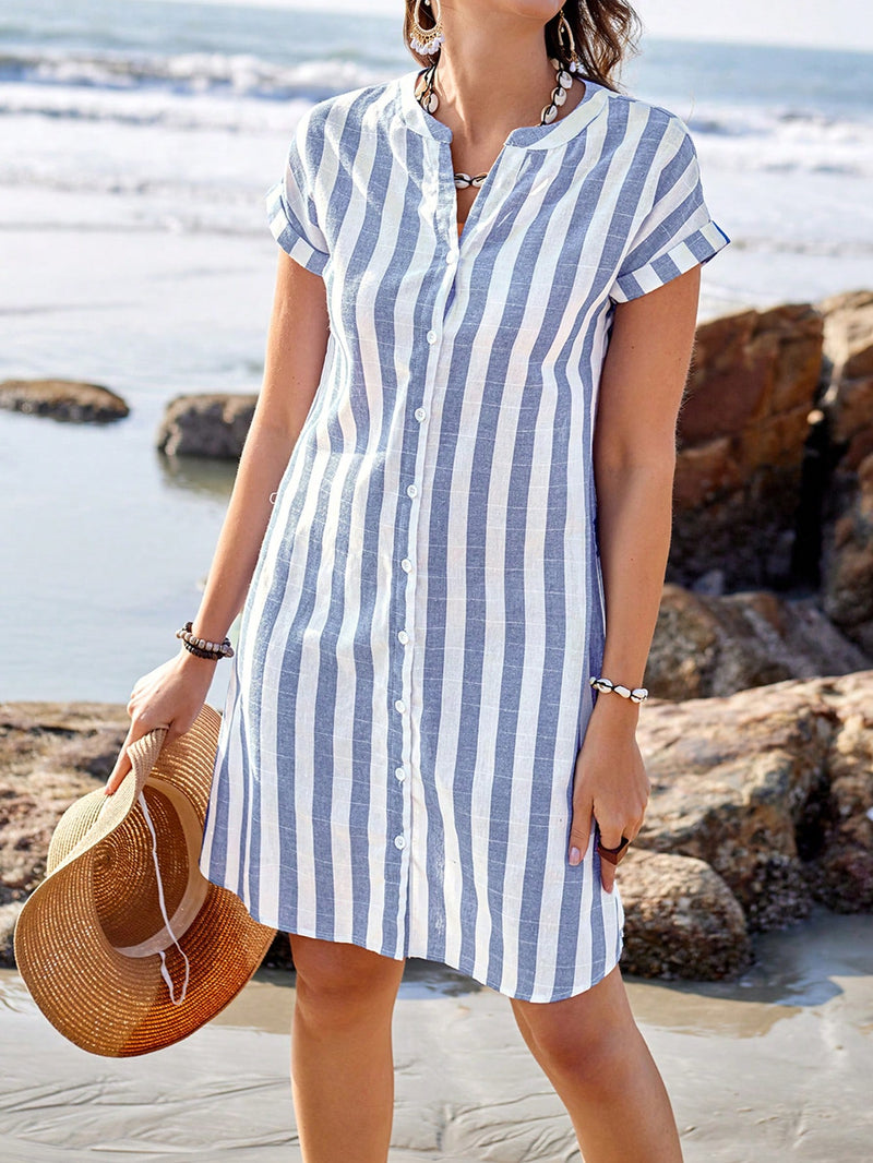 Sylviya Vestido Feminino Casual de Camisa Listrada de Manga Curta com Decote em V Verão, Até o Joelho