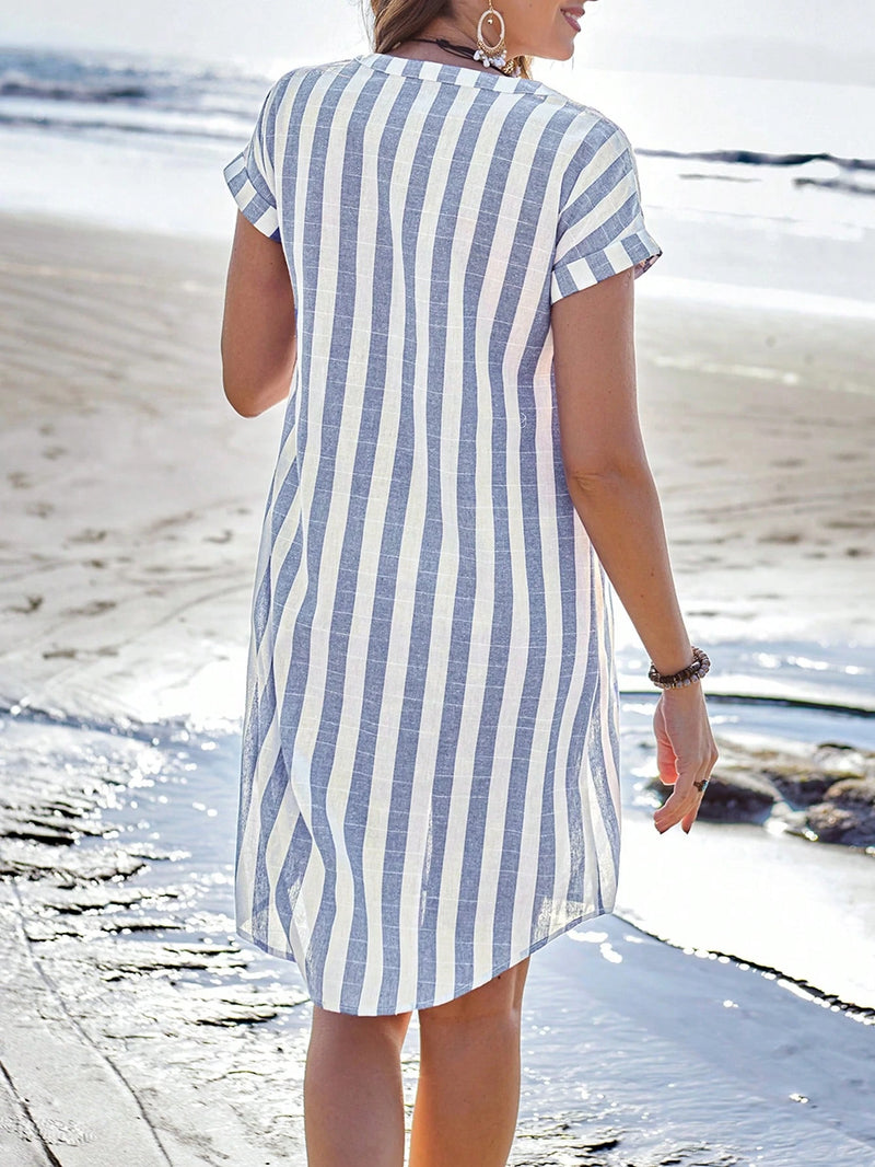 Sylviya Vestido Feminino Casual de Camisa Listrada de Manga Curta com Decote em V Verão, Até o Joelho