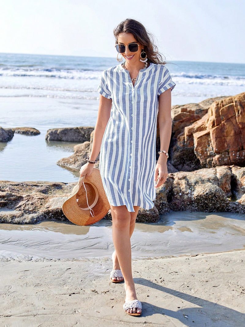 Sylviya Vestido Feminino Casual de Camisa Listrada de Manga Curta com Decote em V Verão, Até o Joelho