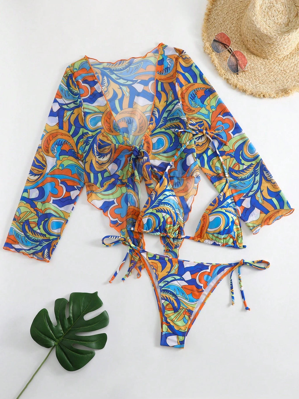 SHEIN Swim Conjunto de Maiô Bikini Feminino com Estampa Completa e Detalhe de Amarração na Frente, Conjunto de Três Peças para Verão