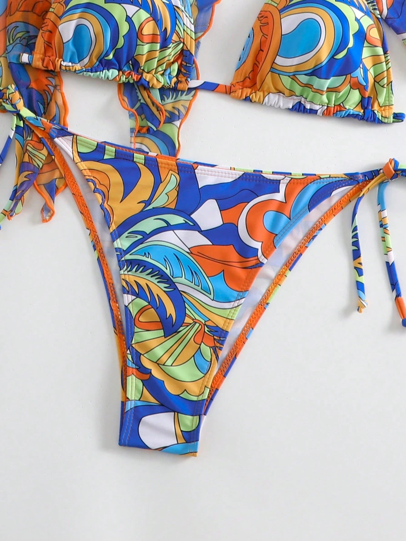 SHEIN Swim Conjunto de Maiô Bikini Feminino com Estampa Completa e Detalhe de Amarração na Frente, Conjunto de Três Peças para Verão