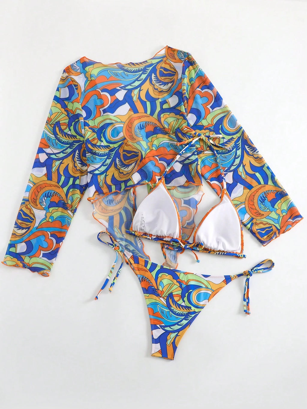 SHEIN Swim Conjunto de Maiô Bikini Feminino com Estampa Completa e Detalhe de Amarração na Frente, Conjunto de Três Peças para Verão