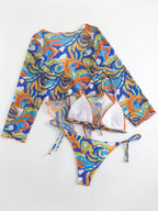 SHEIN Swim Conjunto de Maiô Bikini Feminino com Estampa Completa e Detalhe de Amarração na Frente, Conjunto de Três Peças para Verão
