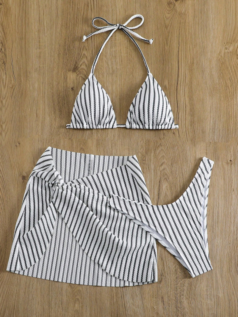 Swim Vcay Conjunto de Maiô Bikini Listrado Bicolor Feminino, Conjunto de Maiô Bikini Traje de Praia Maiô de Verão, Praia de Verão