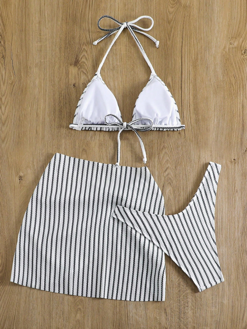 Swim Vcay Conjunto de Maiô Bikini Listrado Bicolor Feminino, Conjunto de Maiô Bikini Traje de Praia Maiô de Verão, Praia de Verão