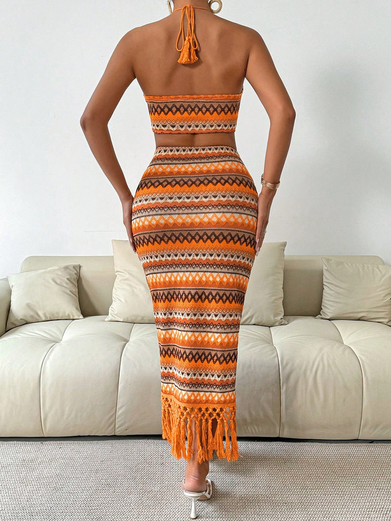 Breezaya Conjunto de Malha Estilo Casual de Férias - Top Tipo Halter + Saia com Franja e Fenda Lateral, Conjunto Confortável e Folgado de Duas Peças
