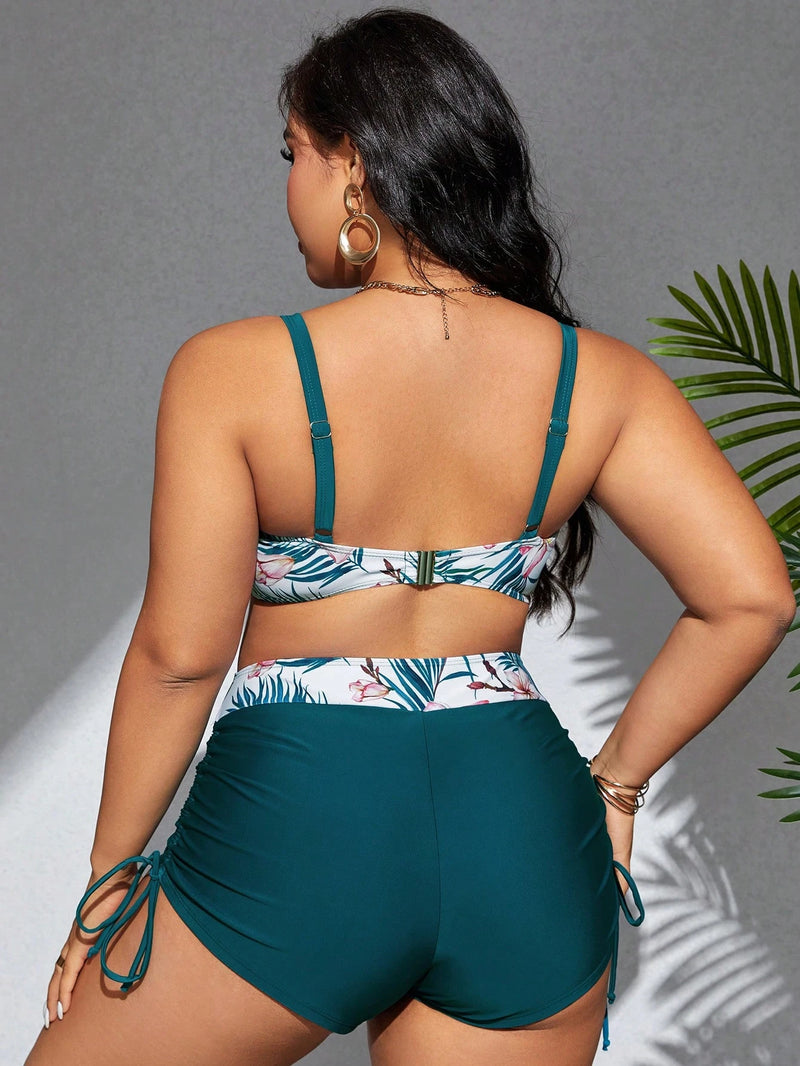 Swim Lushoire Conjunto de Maiô Bikini plus size com estampa tropical e detalhes de amarração para o verão na praia