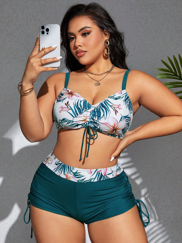 Swim Lushoire Conjunto de Maiô Bikini plus size com estampa tropical e detalhes de amarração para o verão na praia
