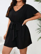 SHEIN Clasi Macacão Plus Size Com Cinto De Cintura, Decote Em V E Cor Sólida