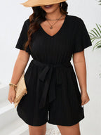 SHEIN Clasi Macacão Plus Size Com Cinto De Cintura, Decote Em V E Cor Sólida