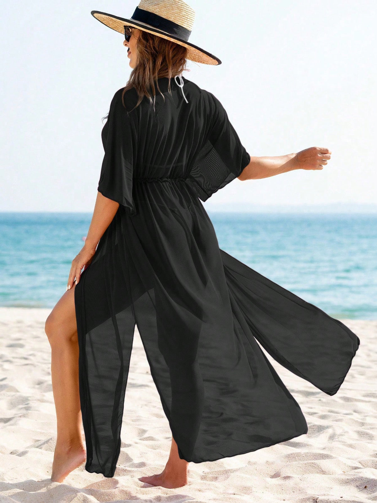 SHEIN Swim Quimono Feminino De Cintura Com Laço De Malha Sheer De Cor Sólida