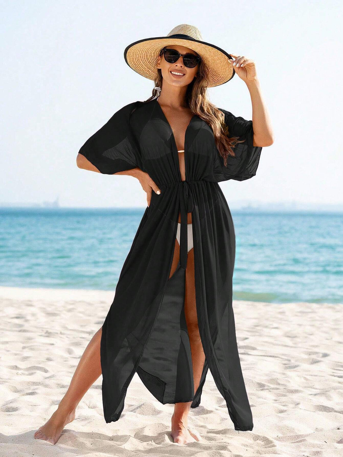 SHEIN Swim Quimono Feminino De Cintura Com Laço De Malha Sheer De Cor Sólida