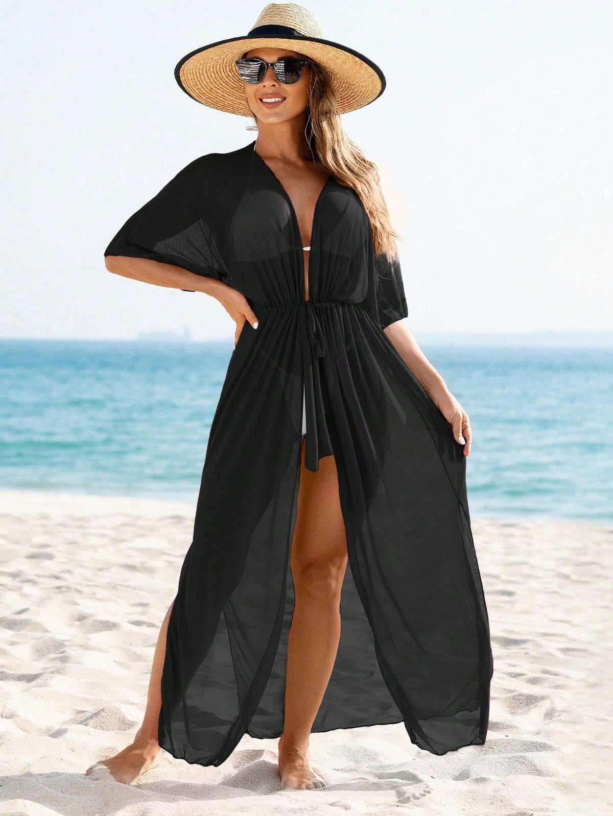SHEIN Swim Quimono Feminino De Cintura Com Laço De Malha Sheer De Cor Sólida