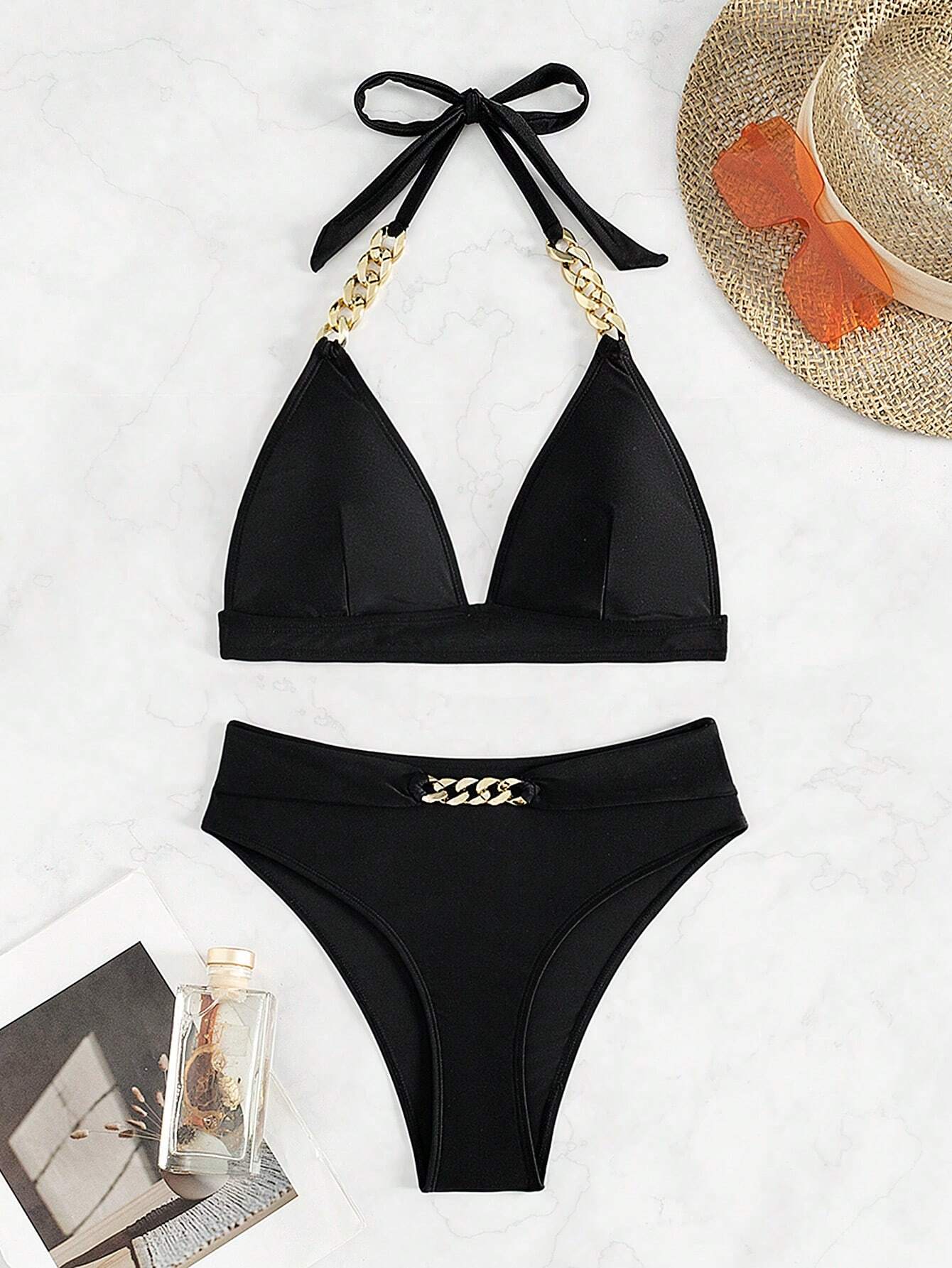 SHEIN Swim Parte de Cima e de Baixo de Maiô Bikini com Halter e Amarração Nas Costas, Conjunto de Duas Peças de Maiô Bikini Verão para Mulheres