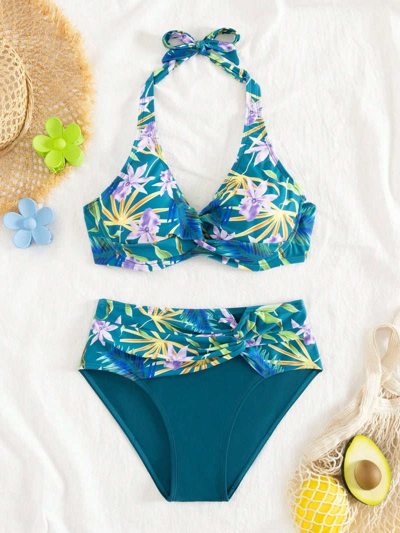 Swim Lushoire Conjunto de Maiô Bikini Estampa Floral e Vegetal para Mulheres para Férias de Verão, Praia de Verão