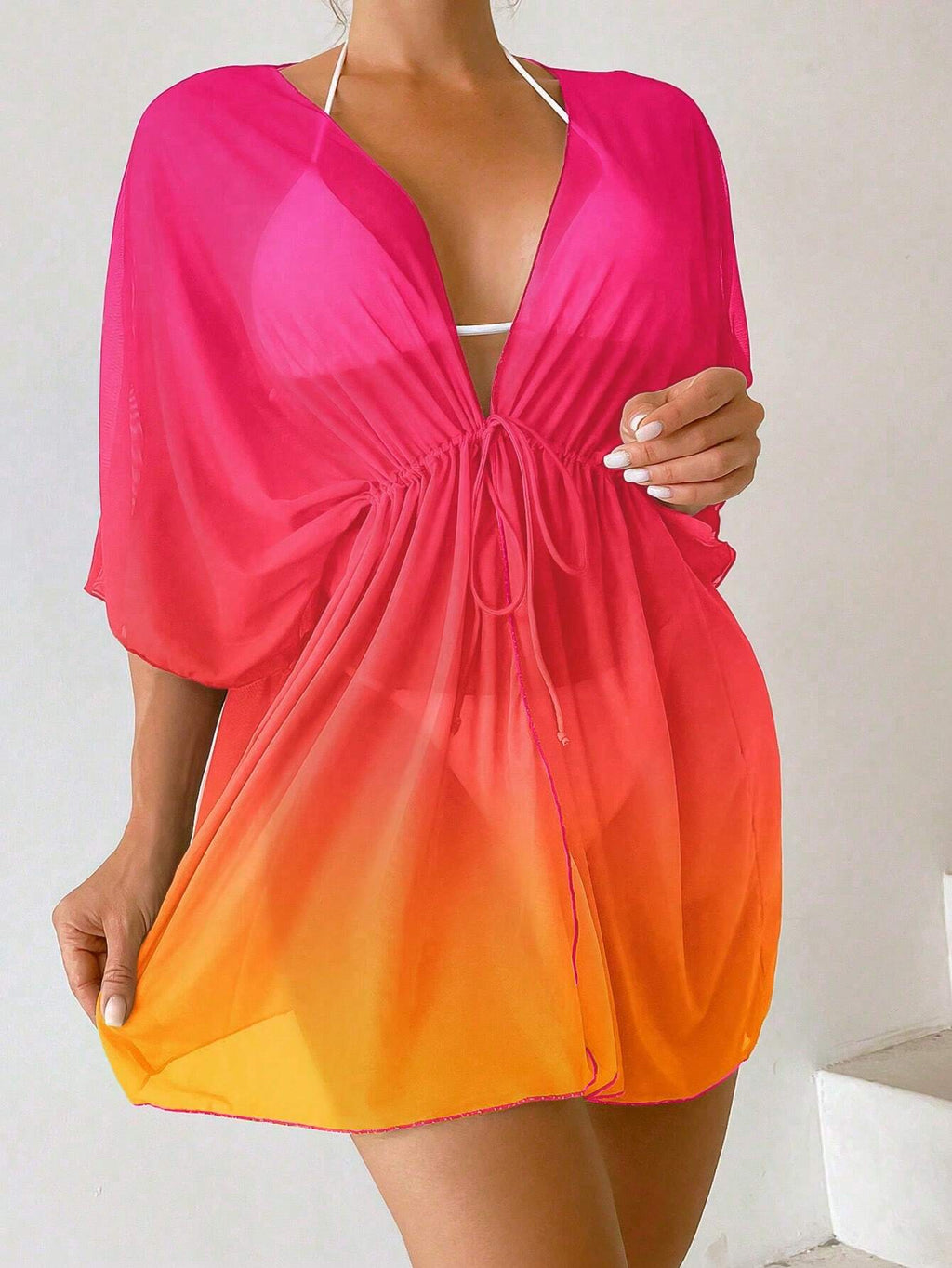 SHEIN Swim Ombre Cintura Com Cordão Manga De Asa De Morcego Malha Quimono