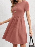 EMERY ROSE Vestido De Linha A Feminino Com Mangas Curtas, Decote Arredondado E Cor Sólida De Verão Fashion