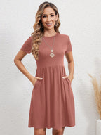 EMERY ROSE Vestido De Linha A Feminino Com Mangas Curtas, Decote Arredondado E Cor Sólida De Verão Fashion