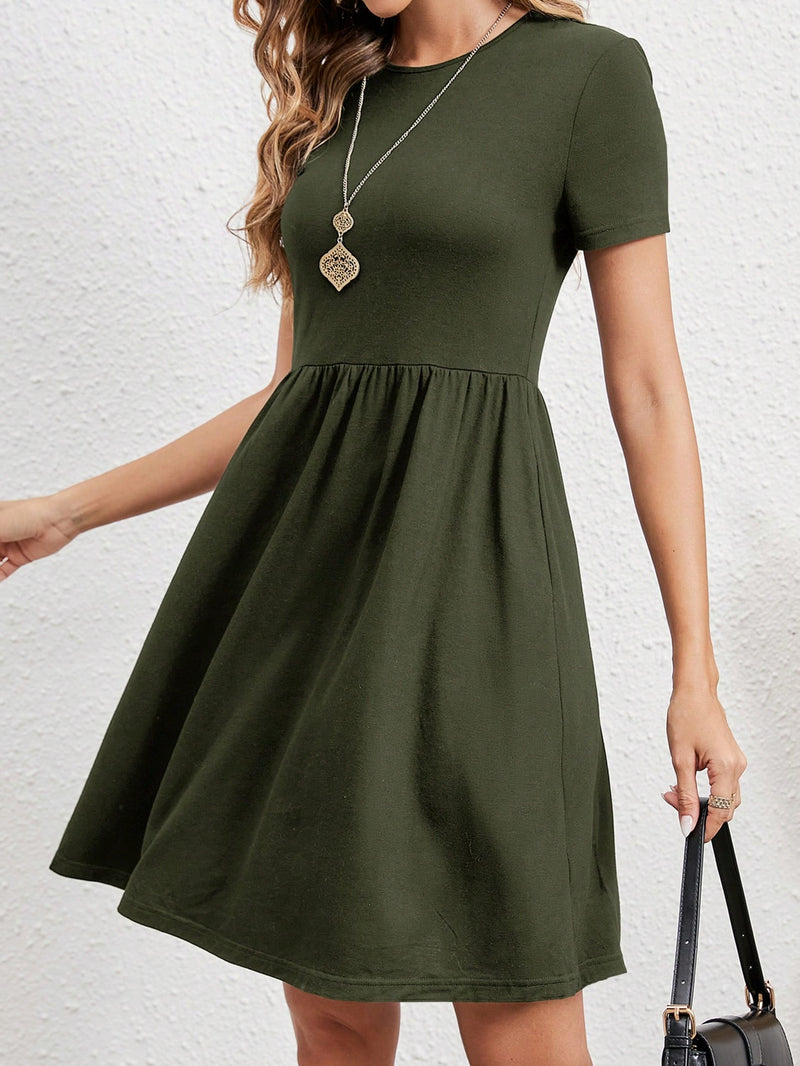 EMERY ROSE Vestido De Linha A Feminino Com Mangas Curtas, Decote Arredondado E Cor Sólida De Verão Fashion