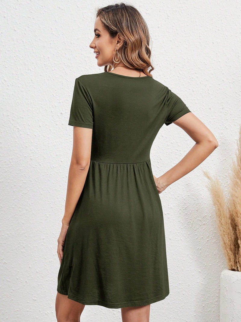 EMERY ROSE Vestido De Linha A Feminino Com Mangas Curtas, Decote Arredondado E Cor Sólida De Verão Fashion